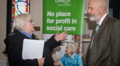 left to right: carer Sian Stockham and UNISON Cymru/Wales regional secretary Dominic MacAskill