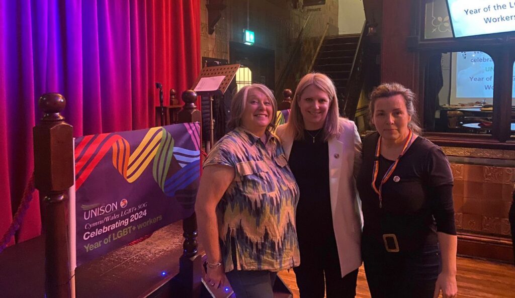 Lorna Hood, Hannah Blythyn MS and UNISON president Libby Nolan at the launch of the Year of the LGBT+ Worker 2024