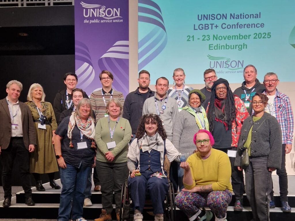 Cas Metcalf with UNISON national LGBT+ committee at conference, 2025